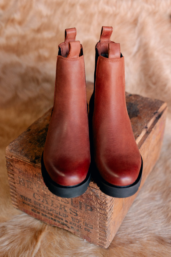 Close-up of Ariat Wexford Rockwood boots showing the durable leather and sleek Chelsea design.