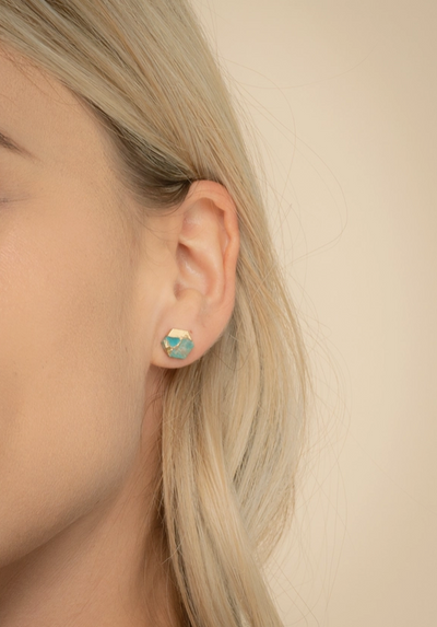 Delicate and earthy turquoise hexagon earrings for women with a mission-driven story