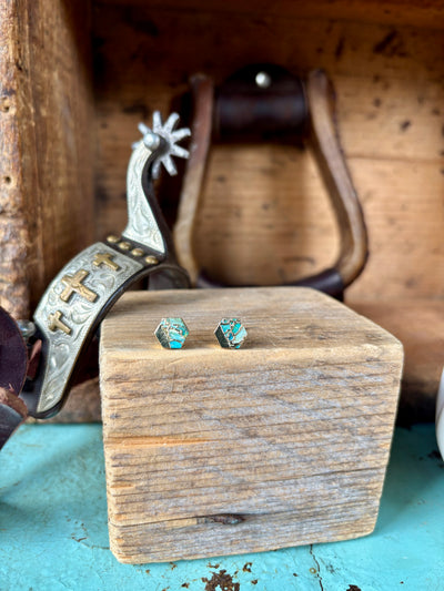 Ayden Authentic Turquoise and Gold Stud Earrings with hexagon shape and 14k gold-plated finish