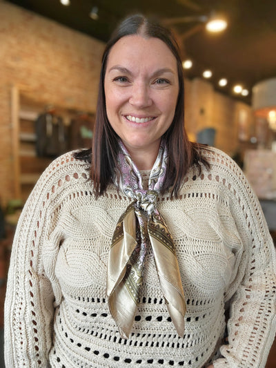 Woman modeling the Beatrice Lavender & Tan Paisley Wild Rag.