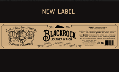 Blackrock Leather 'N' Rich Leather Cleaner Jar Label showing leather cleaning and care for saddles, tack, boots & furniture.