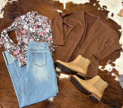 Bobbie Textured Knit Cardigan in a flatlay, emphasizing its cozy and versatile design paired with jeans, a floral top, and Ariat Wexford Boots.