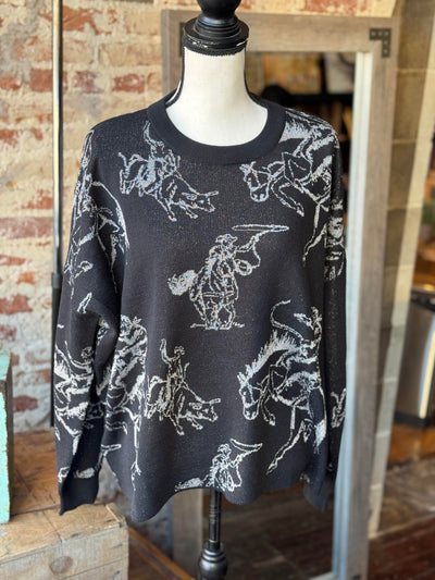 Take a bold statement with a rodeo themed Brad Rodeo Metallic Sweater as shown on a mannequin.