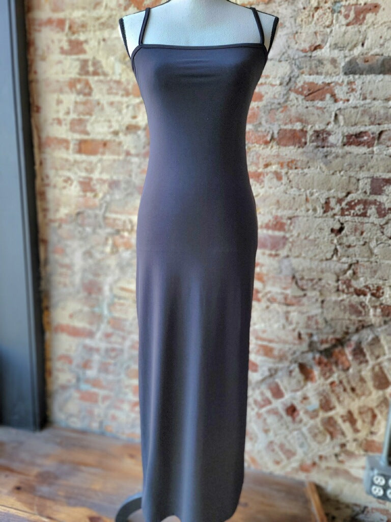 Branson Black Spaghetti Strap Maxi Dress showcasing sleek straps and a chic square neckline, perfect for summer events.