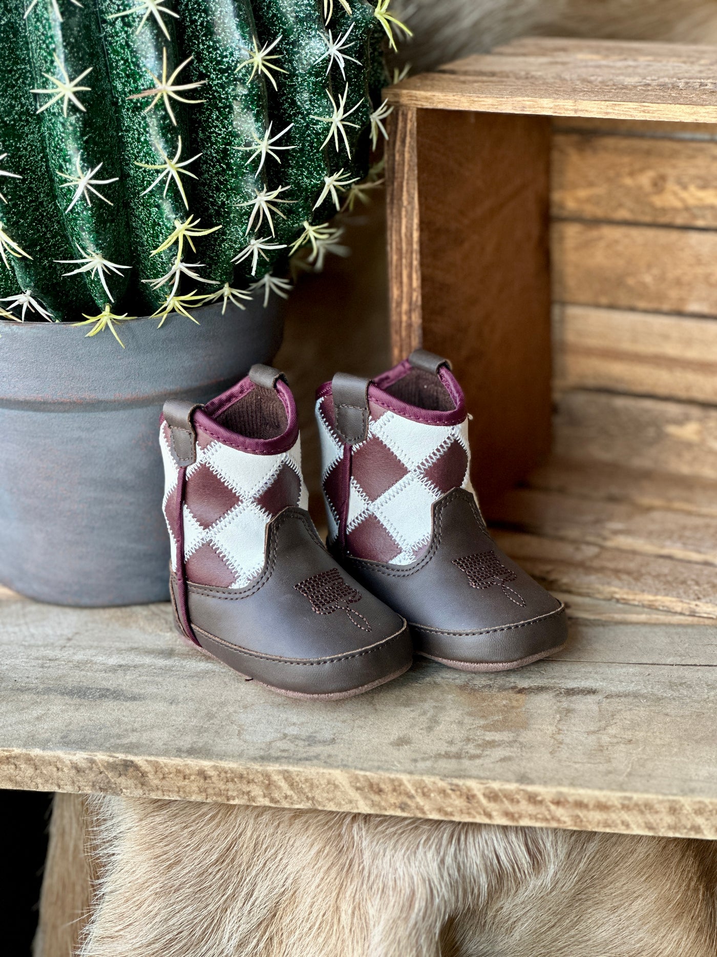 Braxton Patchwork Western Baby Boot – Brown and White Cowboy Boots for Infants.