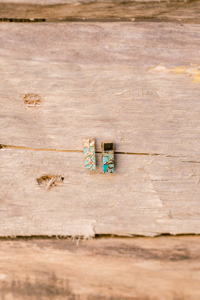 Minimalist turquoise rectangle studs with hypoallergenic gold setting and unique marbling