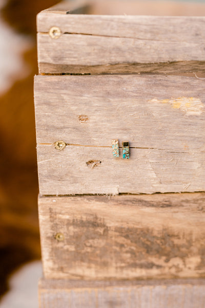 Brayden Authentic Turquoise and Gold Stud Earrings with petite rectangular shape and raw-edge stone