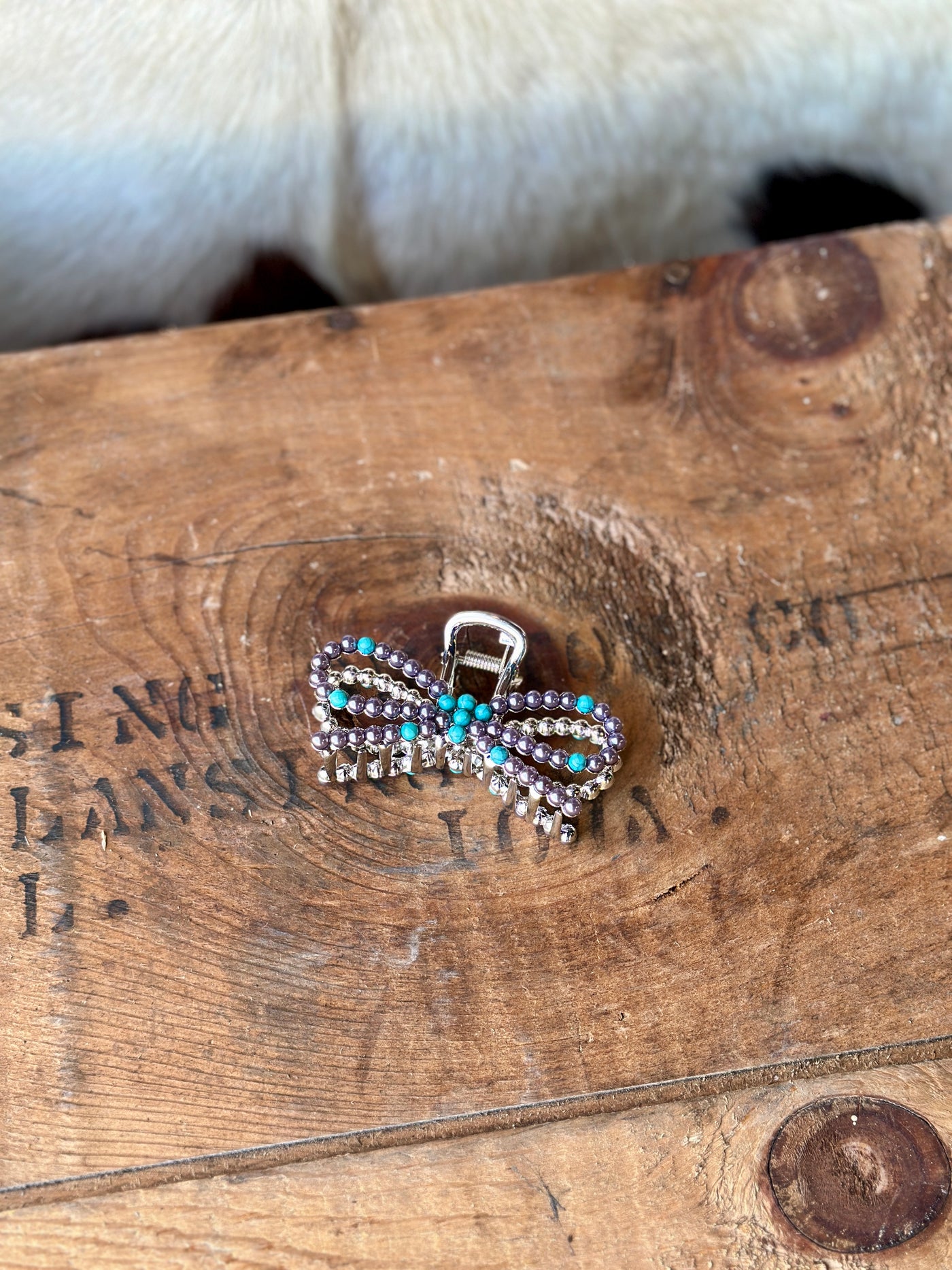 Brenna Turquoise Bow Hair Claw Clip with turquoise-colored beads, perfect for accessorizing everyday or special occasion outfits