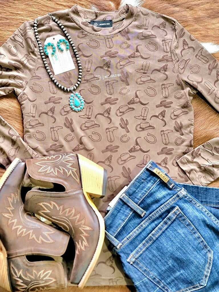 Cowgirl fashion statement: brown mesh long-sleeve top with detailed raised Western motifs for all-day comfort.