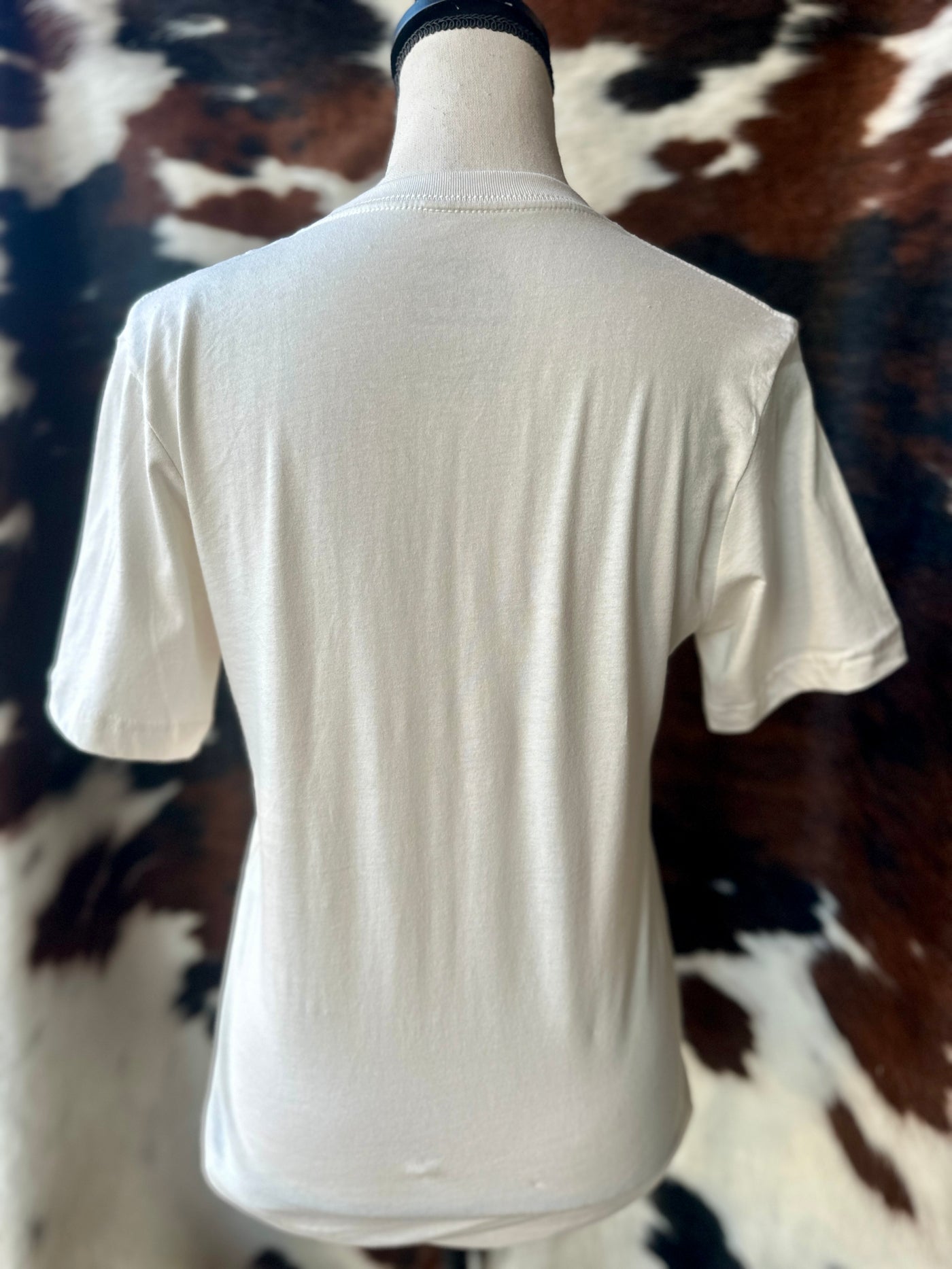 Backside of Broker Leather's Brittany Chickens & Government Graphic Tee on a mannequin.