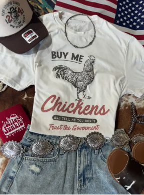 Stock photo of our Brittany Chickens & Government Graphic Tee as an outfit flatlay.