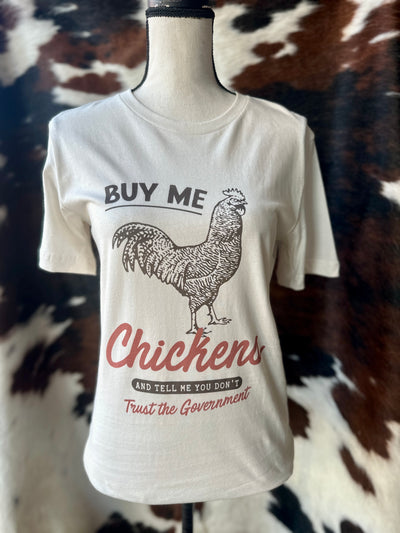 The front side of our Brittany Chickens & Government Graphic Tee on a mannequin.