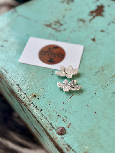 Back side view showing the post placement and size compared to a gift card of the Britton Faux white buffalo turquoise earrings.