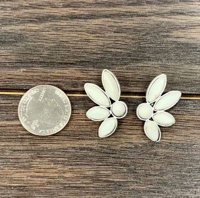 Elegant faux white buffalo turquoise earrings with unique stone patterns and lightweight design shown next to a quarter for size reference.