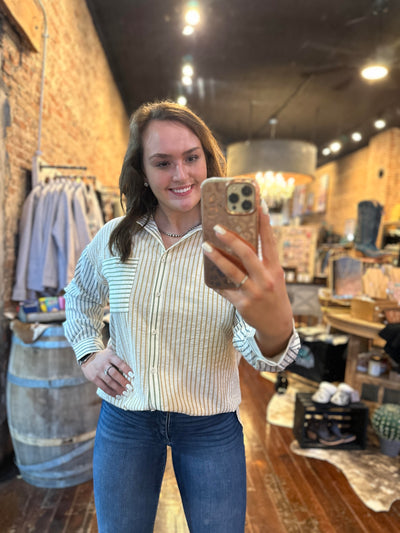 Broker Leather model selfie featuring our Bryan Stripe Button Down Blouse Shirt.