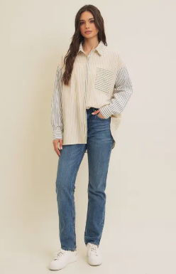 Full view of Bryan Stripe Button Down Shirt with long sleeves, collared design, and color-blocked stripes.