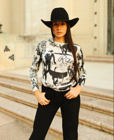 Comfortable and stylish top with eclectic cowboy culture graphics for everyday wear.