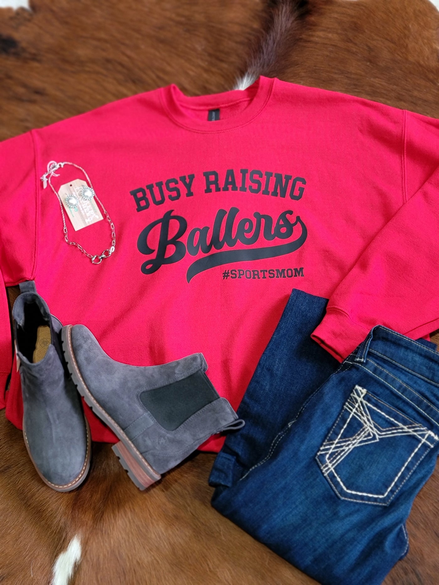 Red Busy Raising Ballers Crewneck #sportsmom