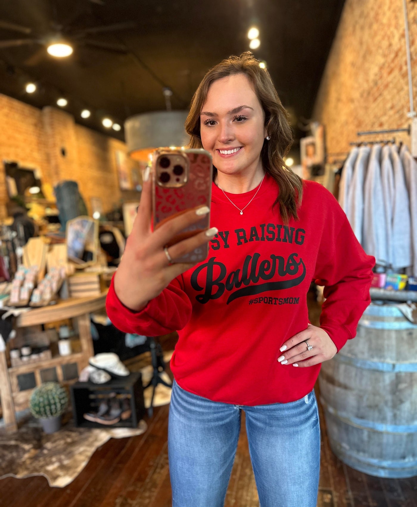 Red Busy Raising Ballers Crewneck #sportsmom On Model