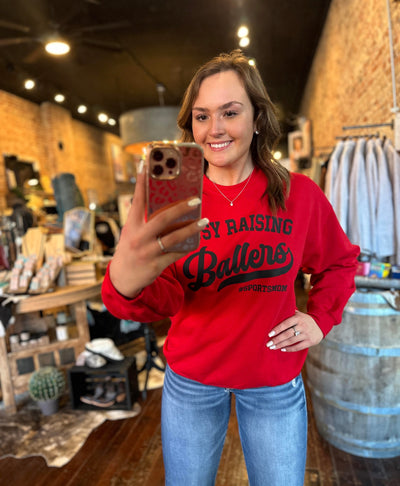 Red Busy Raising Ballers Crewneck #sportsmom On Model