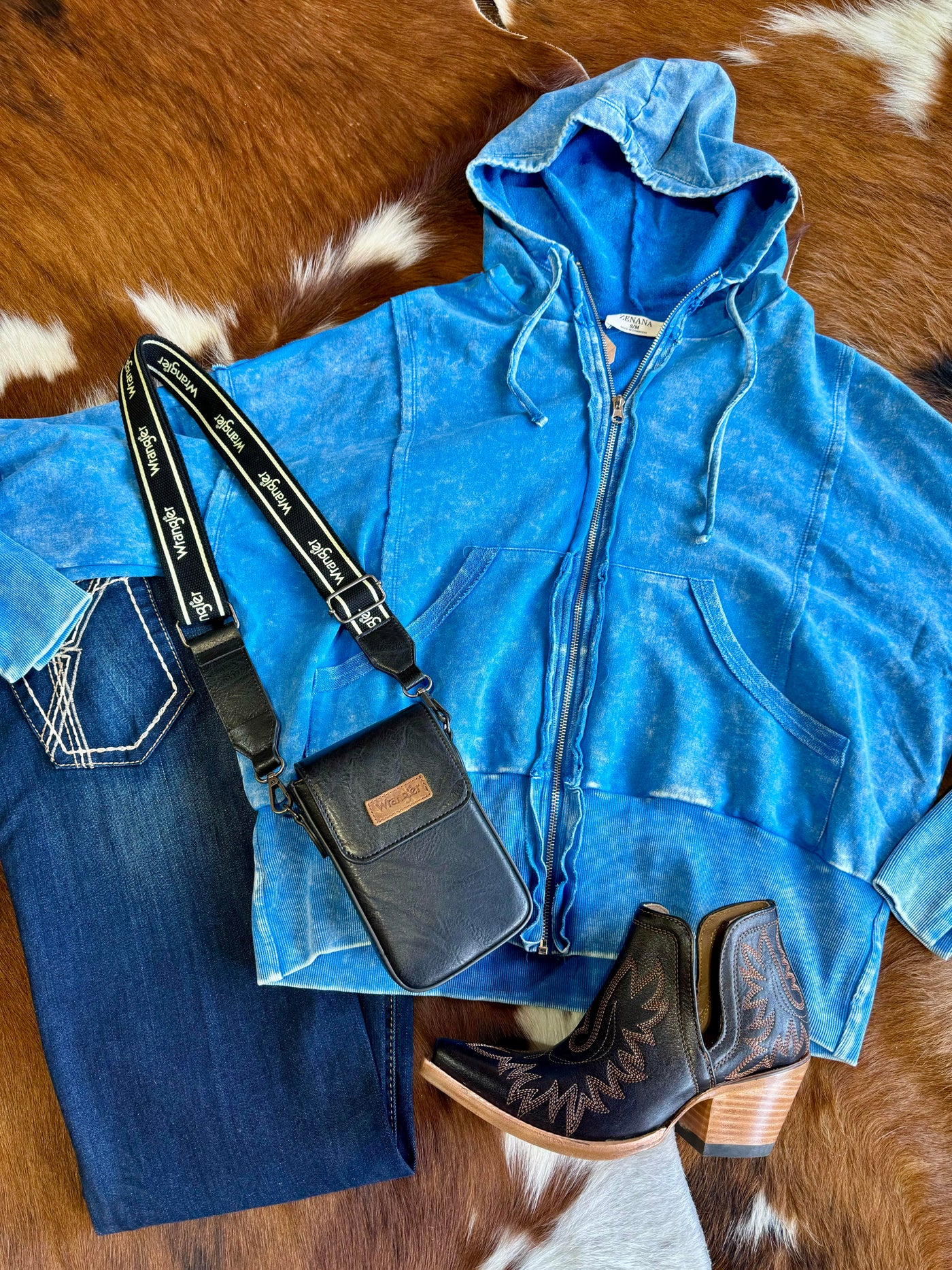 Flatlay outfit photo showcasing our Full-Zip Cadet Mineral Wash Sweatshirt [Blue] paired with Ariat Dixon Boots.