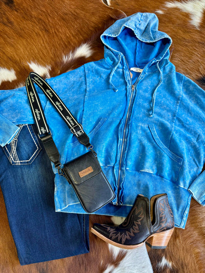 Flatlay outfit photo showcasing our Cadet Mineral Wash Sweatshirt [Blue].