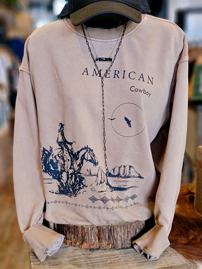 Soft, Vintage-Inspired Cowboy Graphic Sweatshirt with Crewneck Fit.