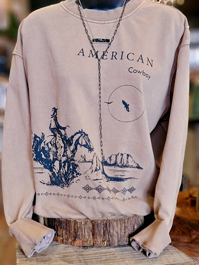 Western Rodeo Graphic Sweatshirt Featuring a Cowboy on Horseback.