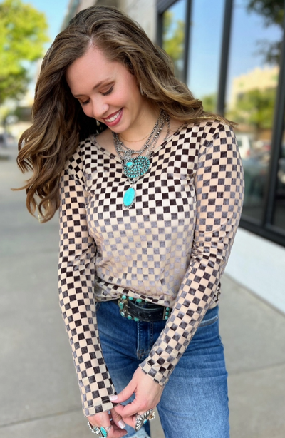 Available Now at Broker Leather downtown Waukon, Iowa: the Championship Checkered Velvet & Mesh Top.