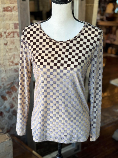 A Western NFR Style top: The Championship Checkered Velvet & Mesh Long Sleeve.