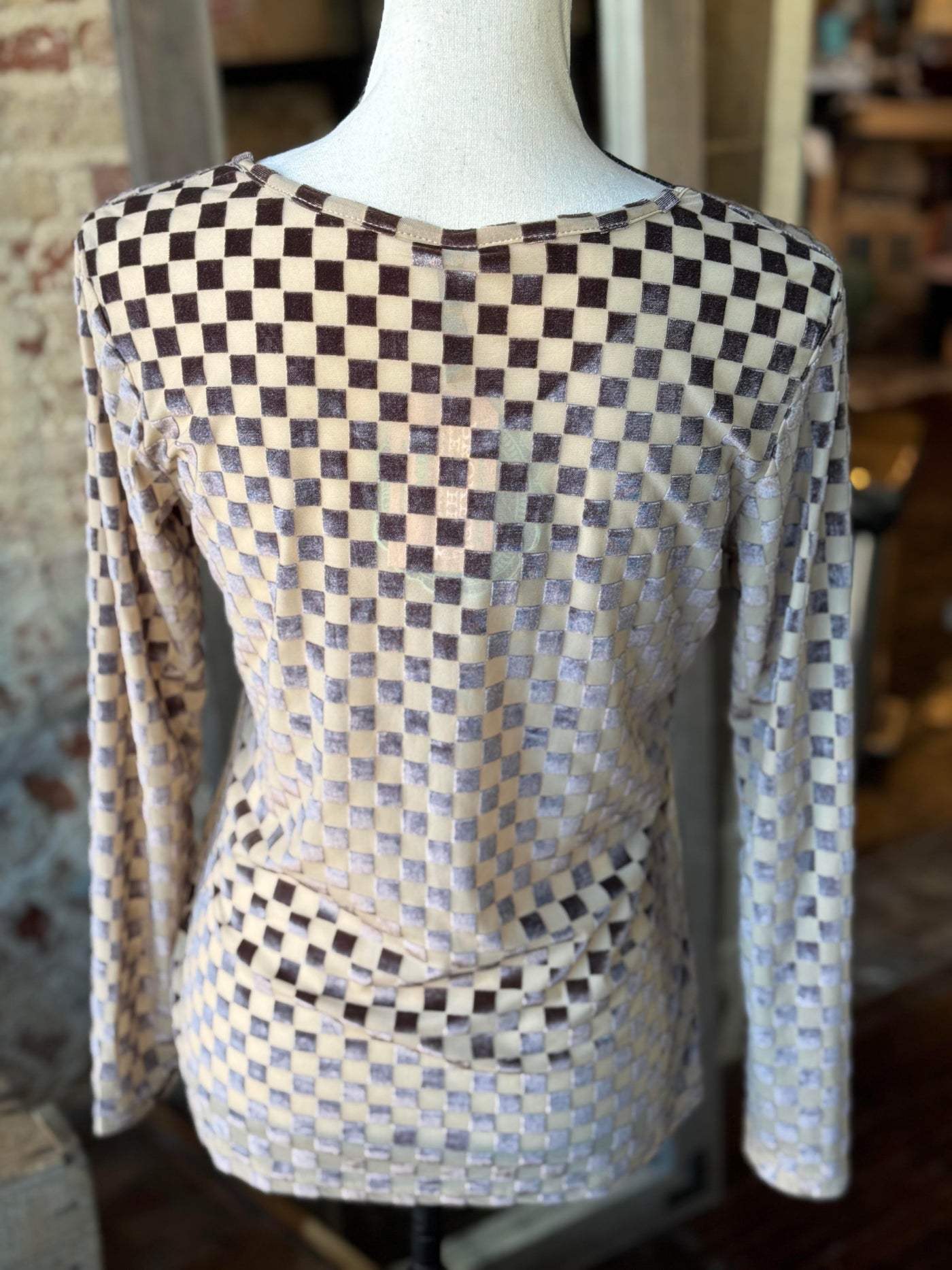 Broker Leather's Western NFR Style Clothing: The Championship Checkered Velvet & Mesh Top.