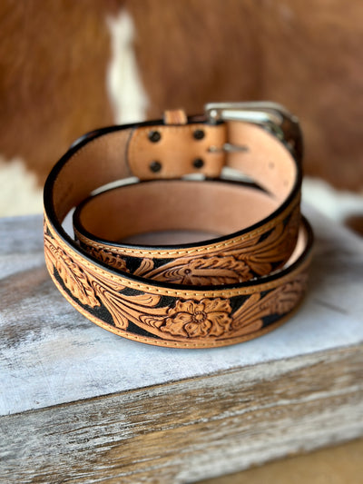 Close-Up of Intricate Tooled Leather Pattern on Christy Belt.