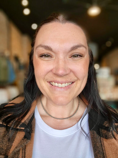 Clem 16” Navajo Pearl Necklace, a Western heirloom in the making modeled by Broker Leather employee, Sam.