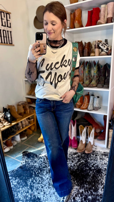 Cline Lucky You Ringer Tee styled with denim for a rustic cowgirl look.