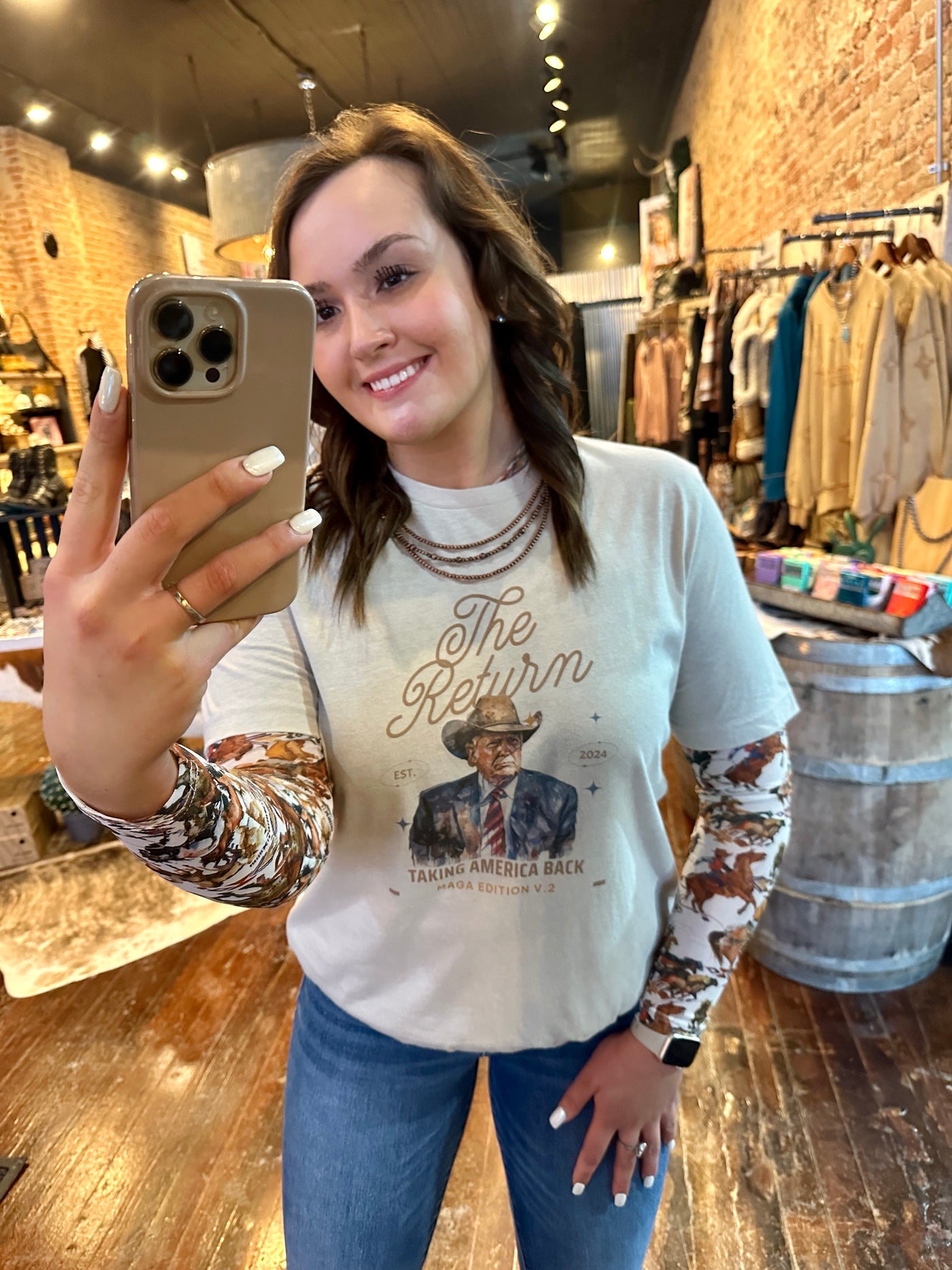 Clint Cowboys & Wild Horses Mesh Top in a breathable fabric with earthy colors and a rugged Western design, perfect for layering underneath graphic tees.