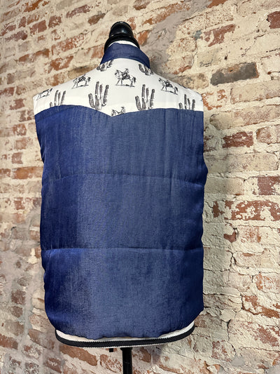 Close-up of the Cole Vest's unique denim-like material and desert print, showcasing its versatility and unique design.