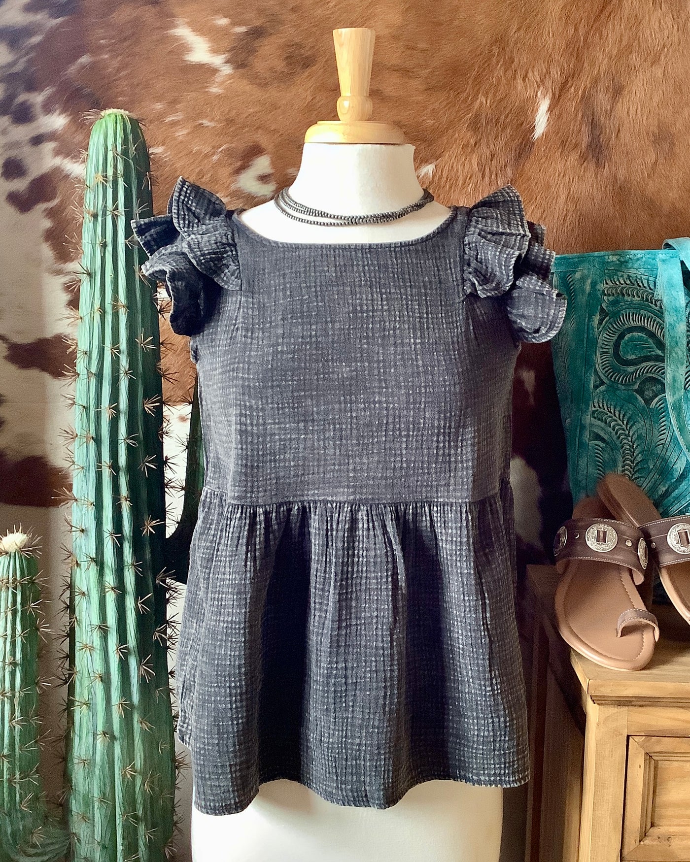 Cole Gauze Ruffle Peplum Top [Ash Black]