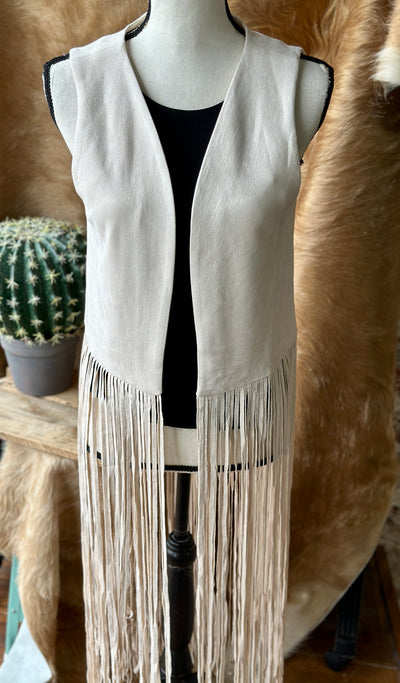 Close-up of Colter Suede Fringe Vest – Soft Faux Suede with Dramatic Fringe Detailing