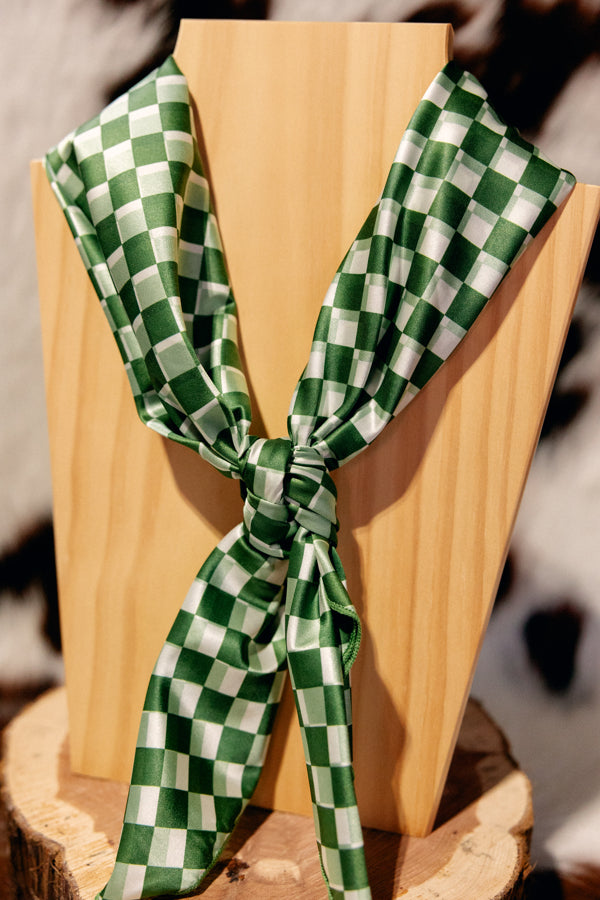 Crew Chief Green Checkered Wild Rag with festive green and white checkered pattern.