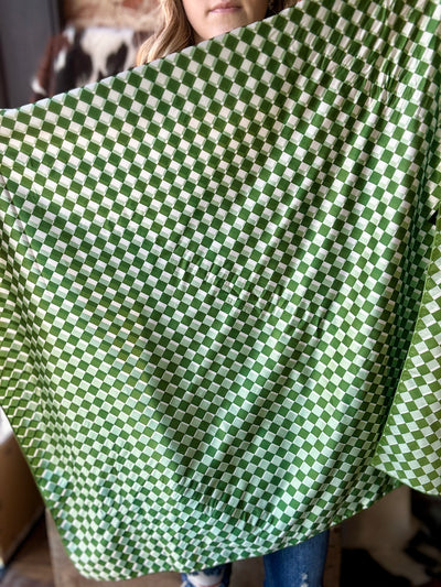 Full unfolded view Crew Chief Green Checkered Wild Rag with festive green and white checkered pattern.