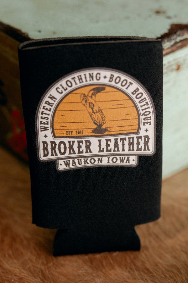 Custom Broker Leather Can Koozies Tall Skinny Black