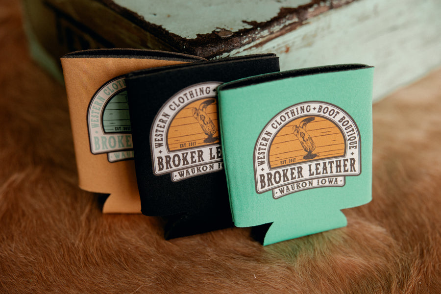 Custom Broker Leather Can Koozies Regular Gold, Black, & Turquoise