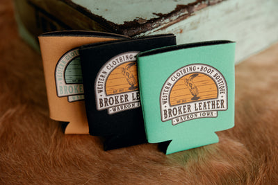 Available Now at Broker Leather downtown Waukon, Iowa: custom Broker Leather Can Koozies Regular Gold, Black, & Turquoise.