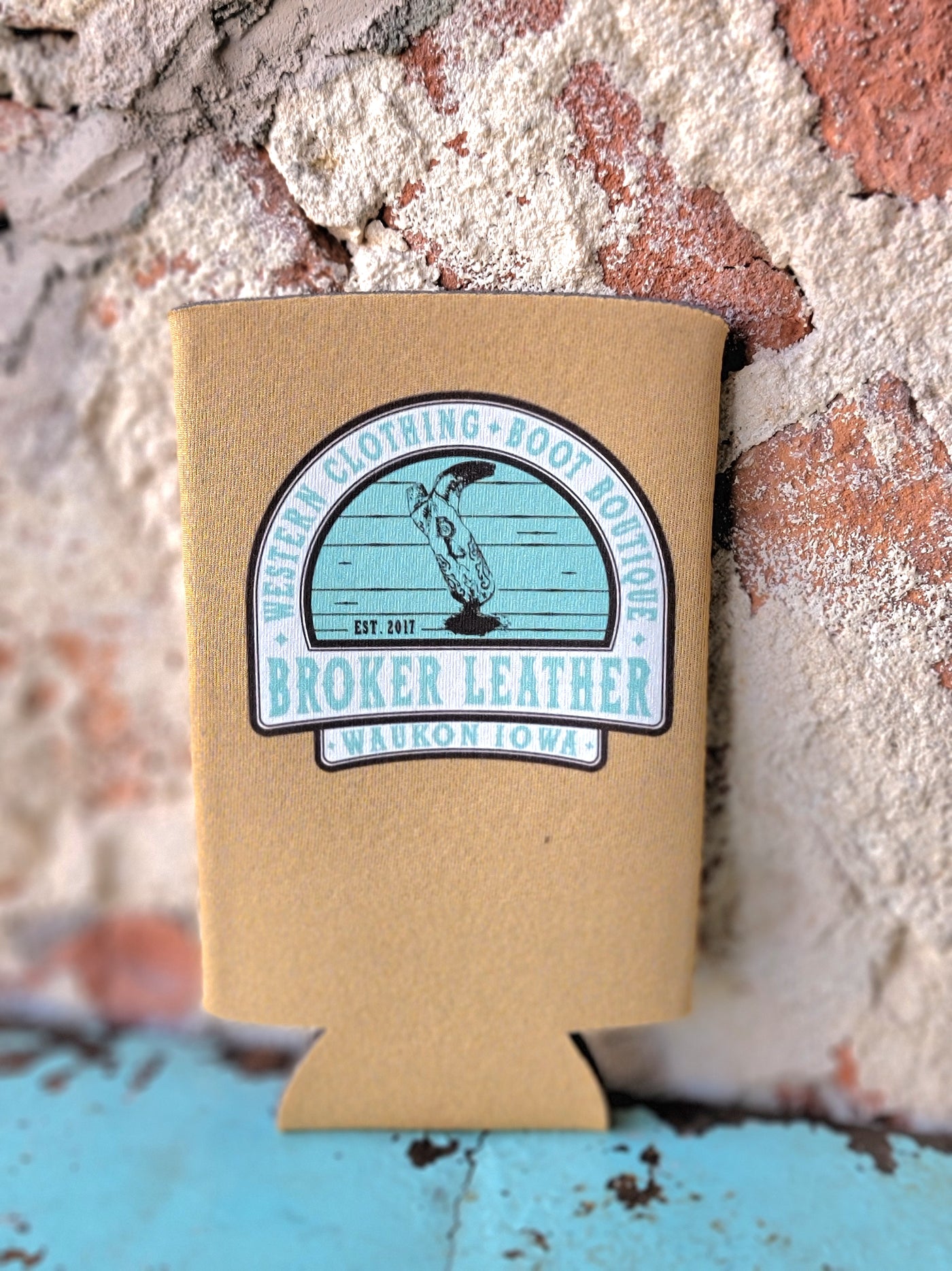 Custom Broker Leather Can Koozies Tall Skinny Gold/Tan