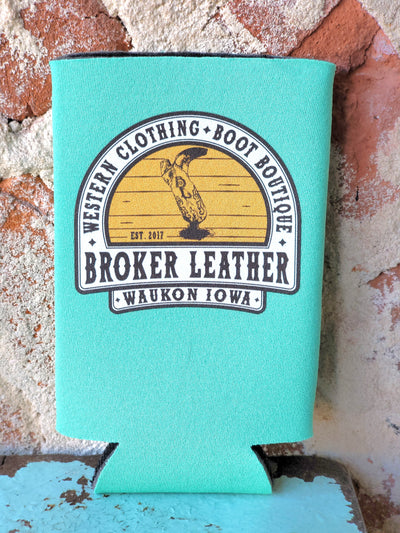 Custom Broker Leather Can Koozies Tall Skinny Turquoise