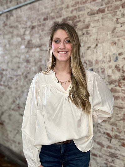 Alexandra Balloon Sleeve Blouse modeled by Broker Leather employee.