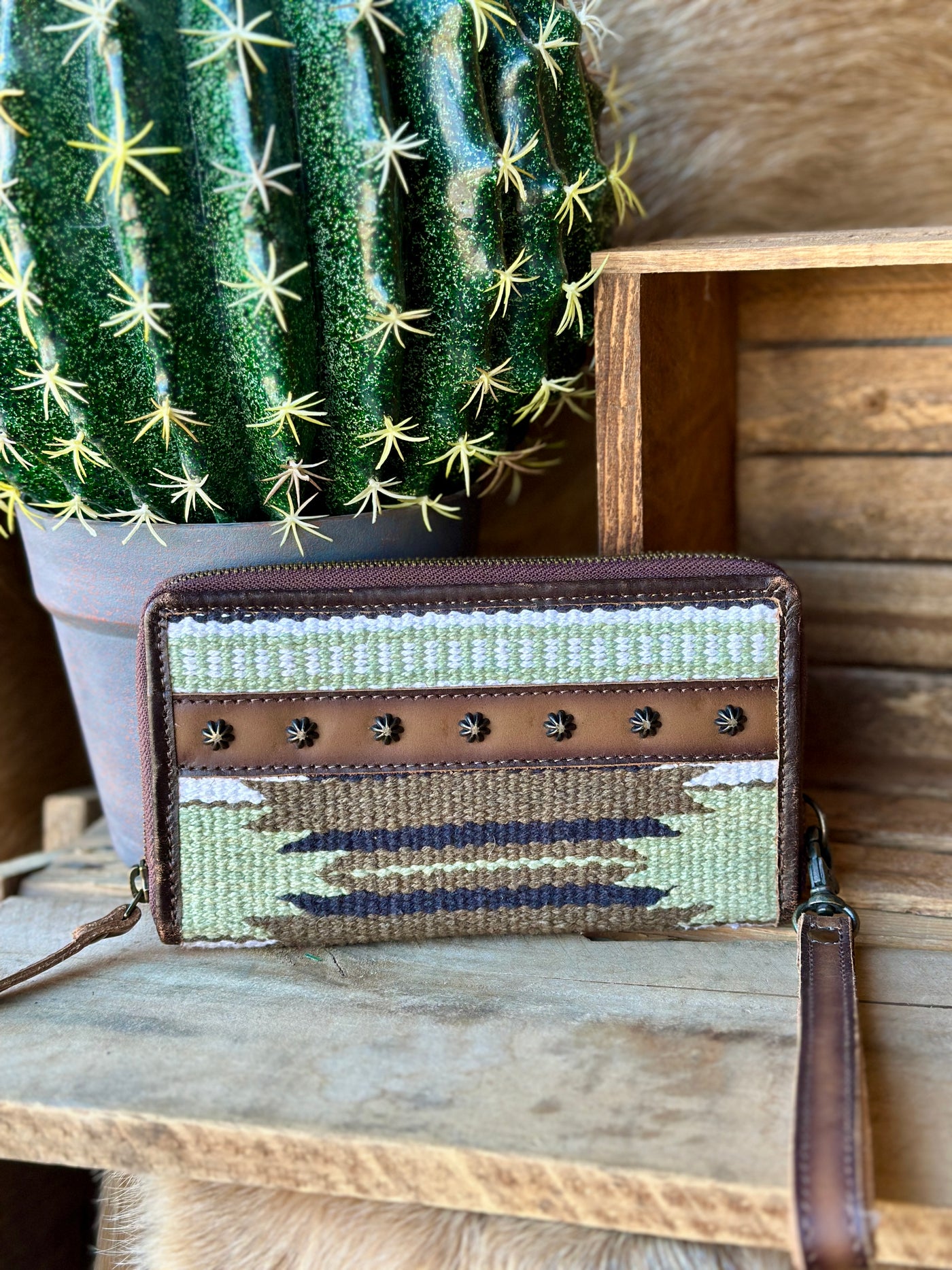 Dakota Saddle Blanket Wallet in green and brown – western-style wallet with woven fabric design.