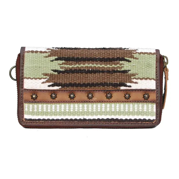 Dakota Saddle Blanket Wallet showcasing intricate Western textile design and functional interior layout.