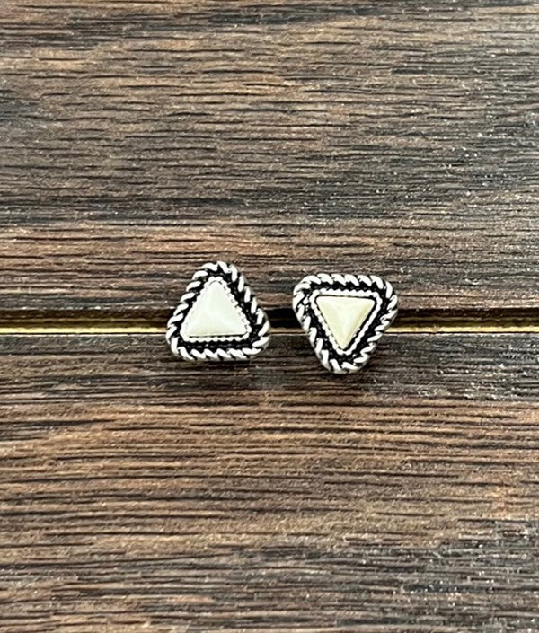 Dane Faux White Buffalo Studs – tiny triangle earrings with silver rope edging, perfect for cowgirl style.