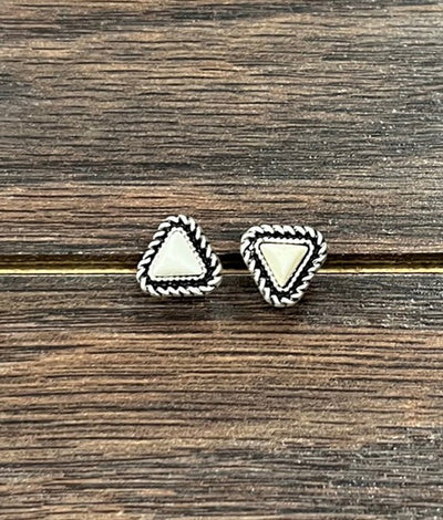Dane Faux White Buffalo Studs – tiny triangle earrings with silver rope edging, perfect for cowgirl style.